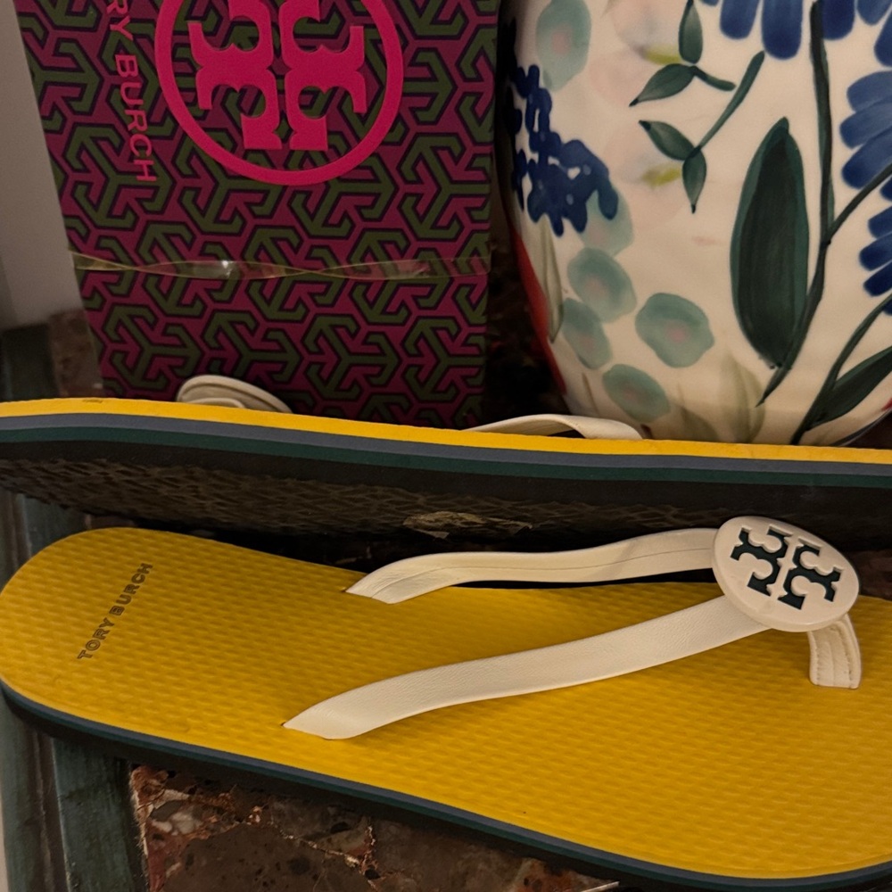 New w/Tags. Tory Burch Bright Yellow Flip Flops with White Straps. Size 9. - Picture 2 of 2